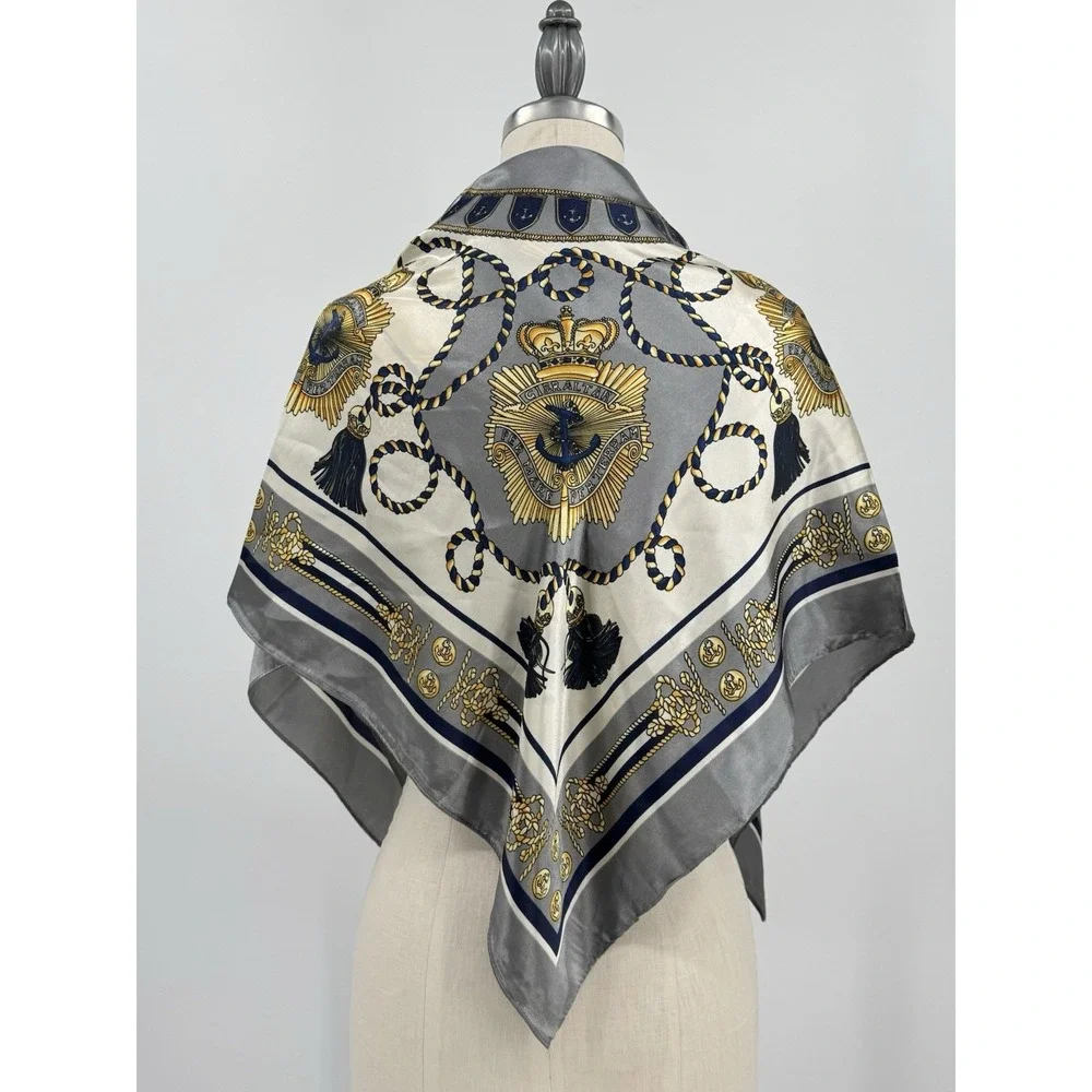 Vintage Nautical Chain Anchor Tassel Satin Scarf Gray Blue Gold Square 34x34